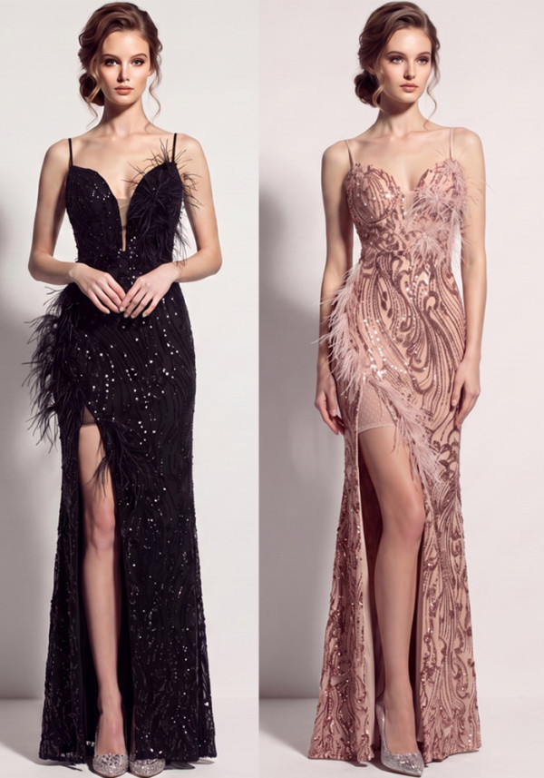 Women's Formal Party Chic Feather Sequin Strap High Slit Evening Dress