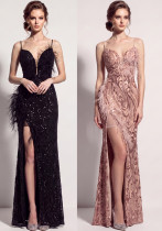 Women's Formal Party Chic Feather Sequin Strap High Slit Evening Dress Women's Formal Party Chic Feather Sequin Strap High Slit Evening Dress