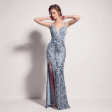 Women's Formal Party Chic Feather Sequin Strap High Slit Evening Dress