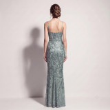 Women's Formal Party Chic Feather Sequin Strap High Slit Evening Dress