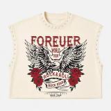 Women's Printed Rivet Sleeveless Crop T-Shirt