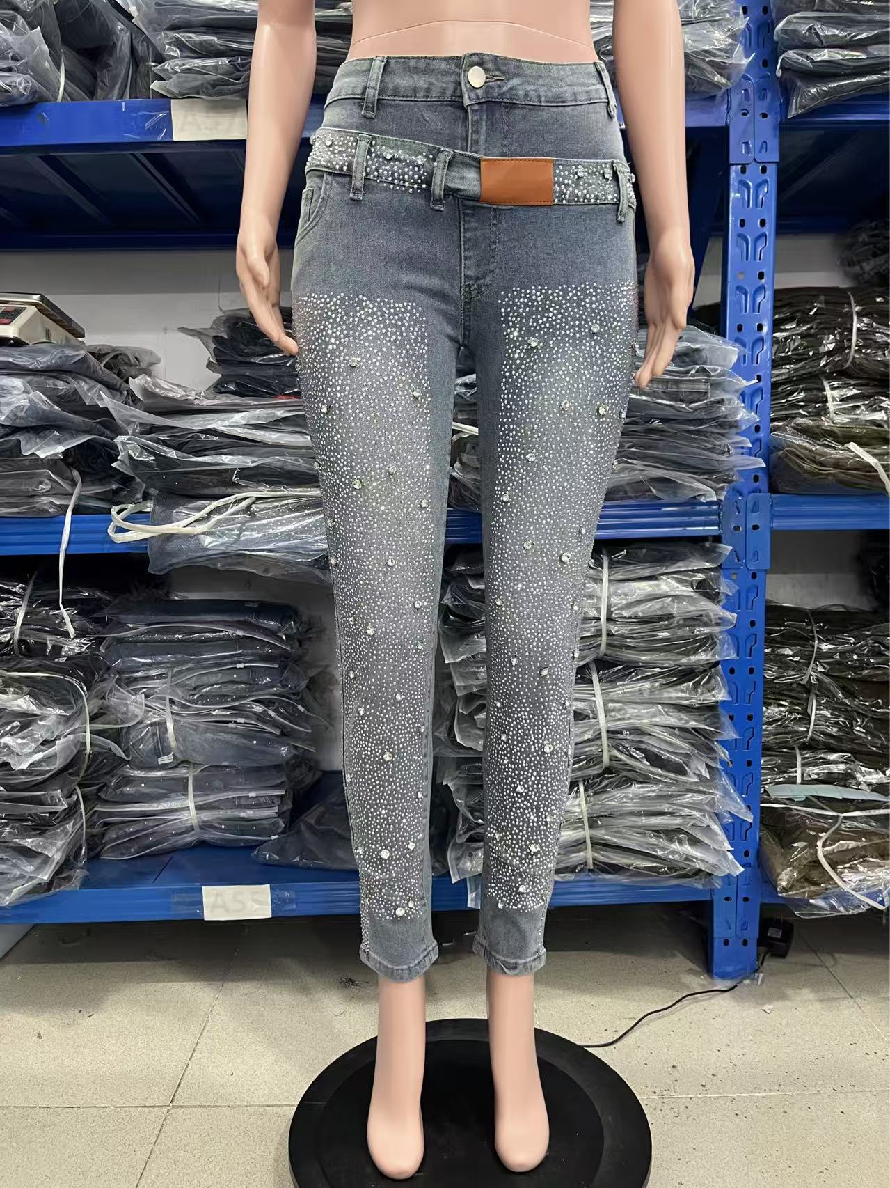Beaded Denim Tight Pants for Summer Casual Wear
