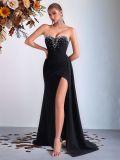 Women's Black Heart Strapless Rhinestone Slim Fit High Slit Party Dress