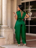 Women's Summer Elegant Career Deep V Neck Lace-Up Slim Waist Solid Color Two Piece Pants Set