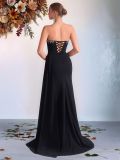 Women's Black Heart Strapless Rhinestone Slim Fit High Slit Party Dress