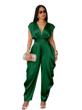 Women's Summer Elegant Career Deep V Neck Lace-Up Slim Waist Solid Color Two Piece Pants Set