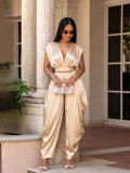 Women's Summer Elegant Career Deep V Neck Lace-Up Slim Waist Solid Color Two Piece Pants Set