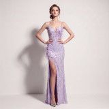 Women's Formal Party Chic Feather Sequin Strap High Slit Evening Dress
