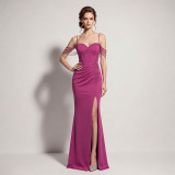 Women's Formal Party Chic Beaded Strap Boned High Slit Evening Dress
