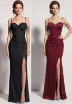 Women's Formal Party Chic Beaded Strap Boned High Slit Evening Dress Women's Formal Party Chic Beaded Strap Boned High Slit Evening Dress