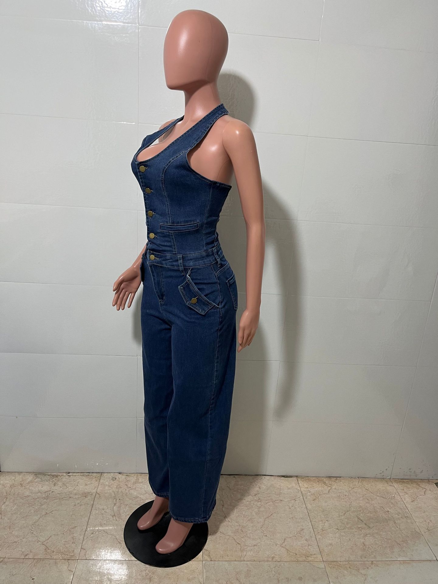 Washed Denim Pocket Halter Neck Jumpsuit for Summer