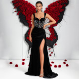 Women's Black Velvet Colorful Rhinestone Chic Strap Dress