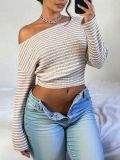Women's Chic Elegant Slash Shoulder Stripe Slim Fit Color Block Long Sleeve Top