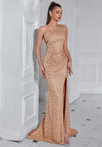 Women's Champagne Sequin One Shoulder Luxury Evening Dress Women's Champagne Sequin One Shoulder Luxury Evening Dress