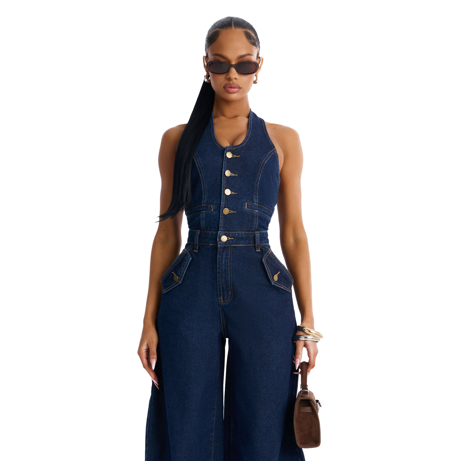 Washed Denim Pocket Halter Neck Jumpsuit for Summer