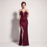 Women's Formal Party Chic Feather Sequin Strap High Slit Evening Dress