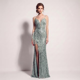 Women's Formal Party Chic Feather Sequin Strap High Slit Evening Dress