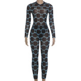 Women's Summer Fashion Street Style Sexy See-Through Long Sleeve Top Slim Pants Two Piece Set