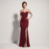 Women's Formal Party Chic Beaded Strap Boned High Slit Evening Dress