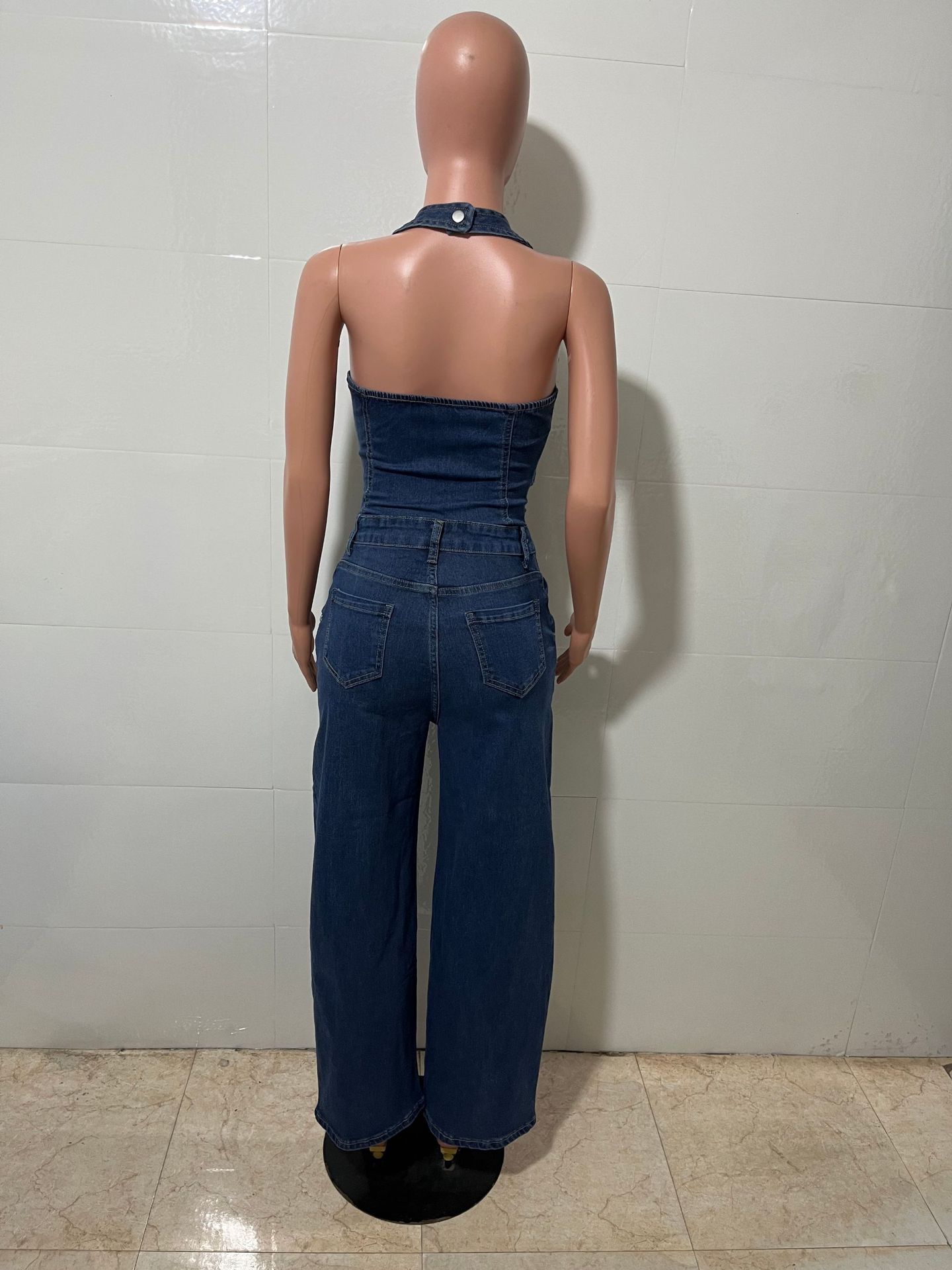 Washed Denim Pocket Halter Neck Jumpsuit for Summer