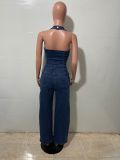 Women's Summer Denim Washed Pocket Halter Neck Jumpsuit