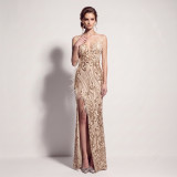 Women's Formal Party Chic Feather Sequin Strap High Slit Evening Dress