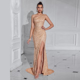 Women's Champagne Sequin One Shoulder Luxury Evening Dress