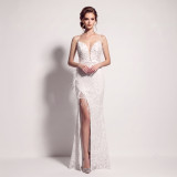 Women's Formal Party Chic Feather Sequin Strap High Slit Evening Dress