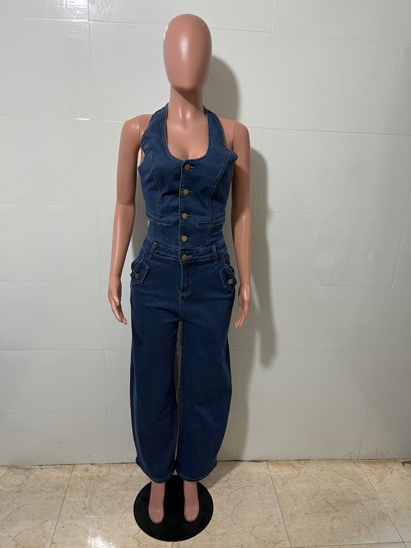Washed Denim Pocket Halter Neck Jumpsuit for Summer