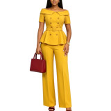 Women Sexy Off Shoulder Short Sleeve Top & Solid Casual Pant Two‑Piece Set