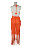 Women Halter Neck Beaded Knit Hollow‑Out Beach Holiday Tassel Cover‑Up Maxi Dress