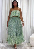Women African Off‑Shoulder Print Strapless Crop Top & Pleated Skirt Two‑Piece Set