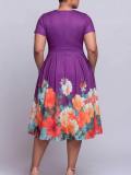 Plus Size Women Elegant Round Neck Short Sleeve Purple Print Dress