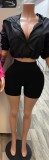 Women Solid Zip‑Up Top & Shorts Two‑Piece Set