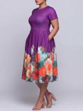 Plus Size Women Elegant Round Neck Short Sleeve Purple Print Dress