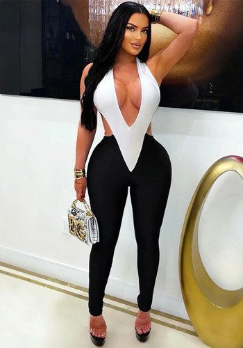 Women Sexy Solid Patchwork V‑Neck Halter Neck Tie Jumpsuit
