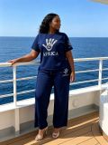 Plus Size Women African Palm Beaded Short Sleeve Top & Wide‑Leg Pants Two‑Piece Set