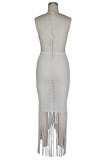 Women Halter Neck Beaded Knit Hollow‑Out Beach Holiday Tassel Cover‑Up Maxi Dress