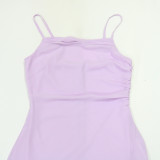 Women Spaghetti Strap Solid Ruffle Edge Irregular Dress