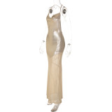 Women's Summer Mesh Patchwork Shiny Low Back Sexy Strappy Evening Dress