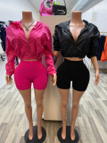 Women Solid Zip‑Up Top & Shorts Two‑Piece Set