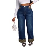 Women Autumn‑Winter Color‑Block Leopard Denim Wide‑Leg Pants