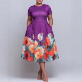 Plus Size Women Elegant Round Neck Short Sleeve Purple Print Dress