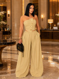 Women Strapless Irregular Gold Buckle Top & Wide‑Leg Pants Two‑Piece Set