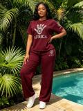 Plus Size Women African Palm Beaded Short Sleeve Top & Wide‑Leg Pants Two‑Piece Set