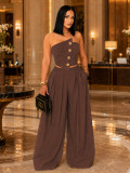 Women Strapless Irregular Gold Buckle Top & Wide‑Leg Pants Two‑Piece Set