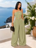 Women Strapless Irregular Gold Buckle Top & Wide‑Leg Pants Two‑Piece Set