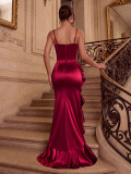Women Sexy Burgundy Spaghetti Strap Ruffle Wedding Evening Gown