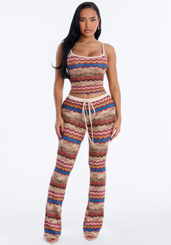 Women Autumn Rainbow Crop Top Camisole Sexy Color‑Block Pants Two‑Piece Set