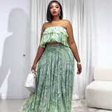 Women African Off‑Shoulder Print Strapless Crop Top & Pleated Skirt Two‑Piece Set